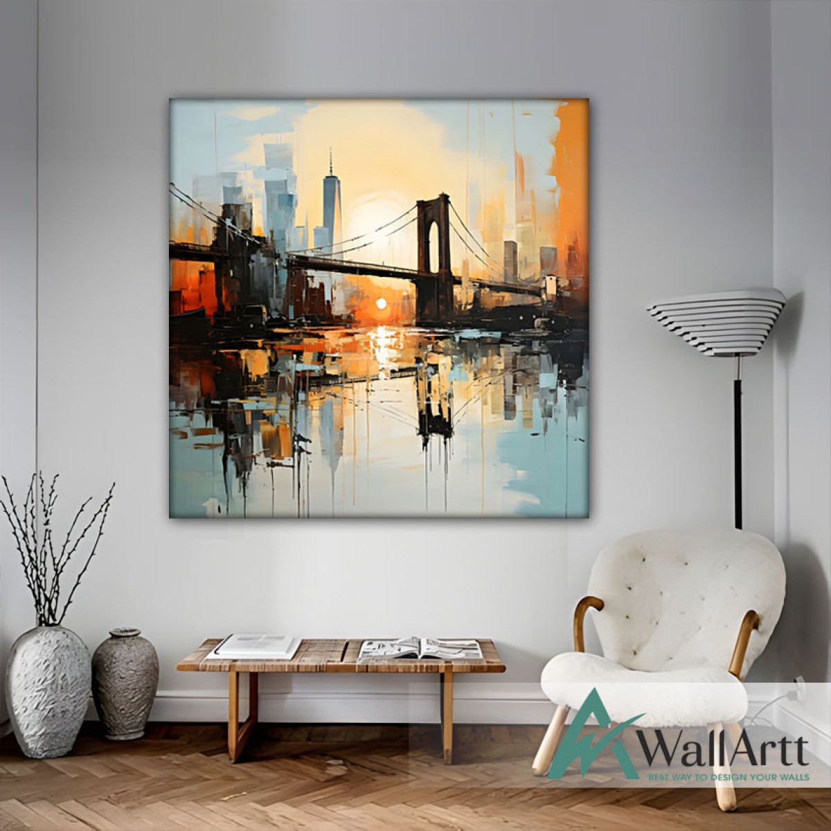 Bridge Reflection Textured Partial Oil Painting - Wall Art